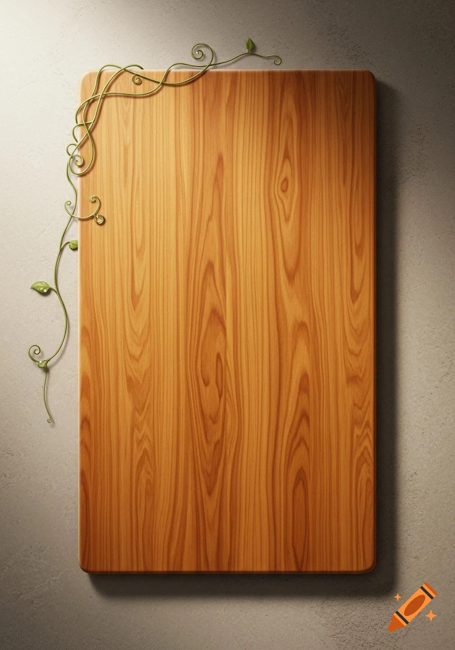 A rectangular wooden board with rounded corners against a textured beige wall, a green vine with leaves curls along its top and left edges.