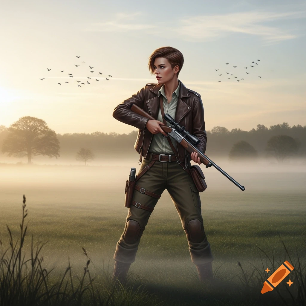 A short-haired woman in a leather jacket holds a rifle, standing in a misty field with trees and birds at sunrise.