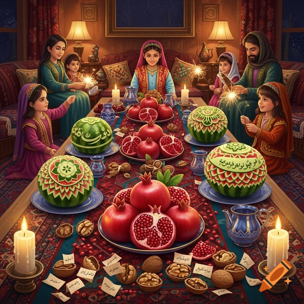 A family celebrates Yalda night, gathered around a table laden with pomegranates, carved watermelons, and nuts. Adults and children hold sparklers in a warm, traditionally decorated room.