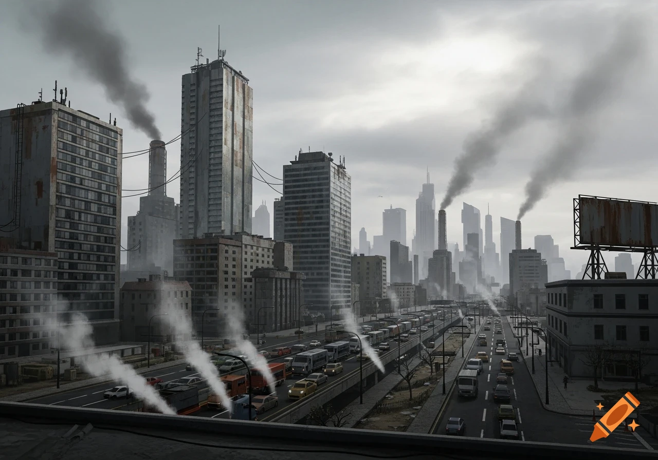 A dreary, polluted cityscape under a gray sky, with exhaust plumes rising from industrial buildings and heavy traffic on a multi-lane highway.