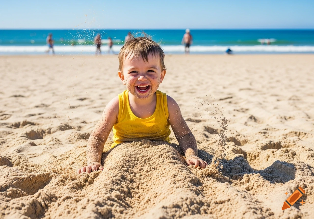 A happy child in a yellow tank top is buried in the sand on a sunny beach, smiling broadly with sand on their face.