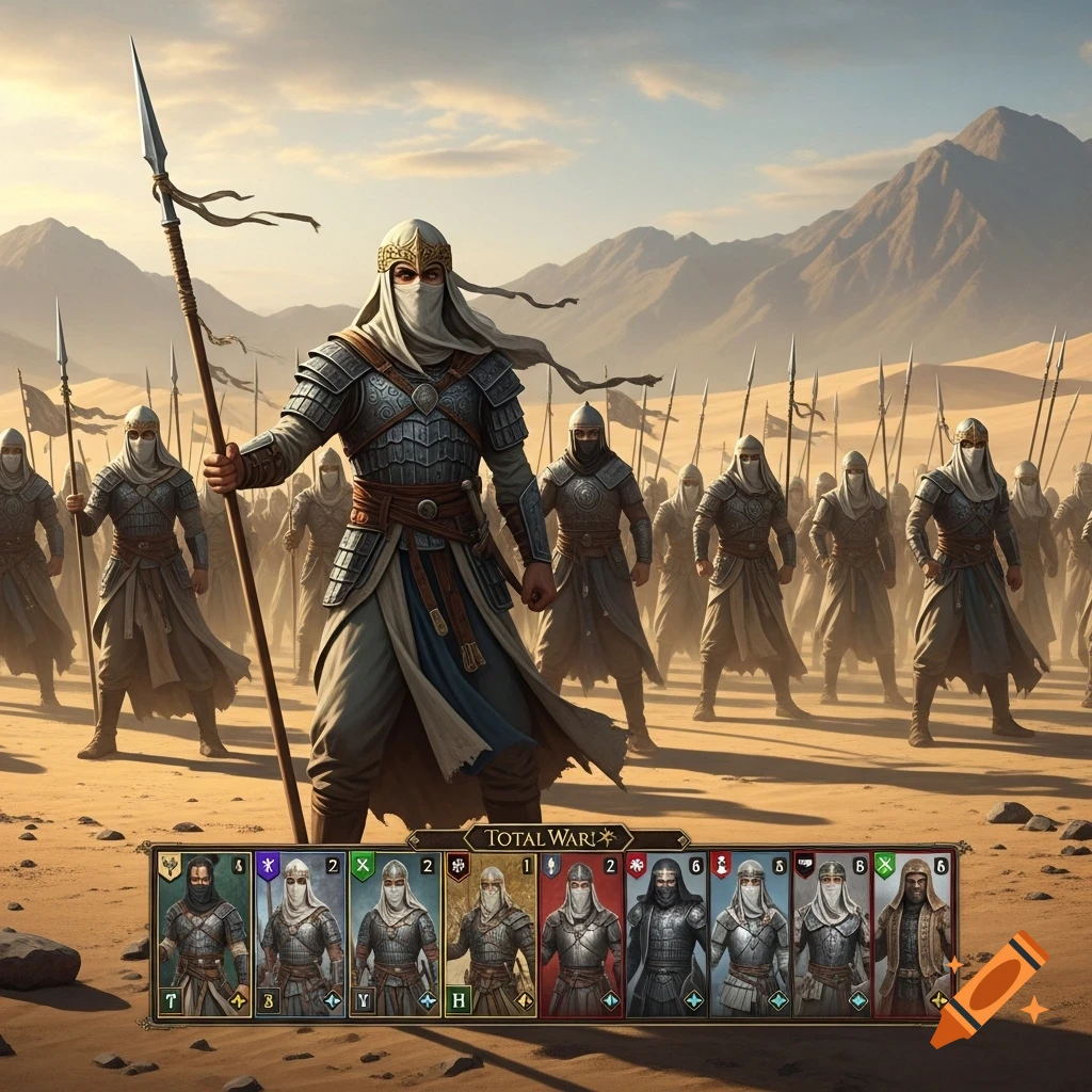 A lineup of armored desert warriors from a Total War-style game, standing in a sandy landscape with mountains in the background, featuring a game UI with unit cards below.