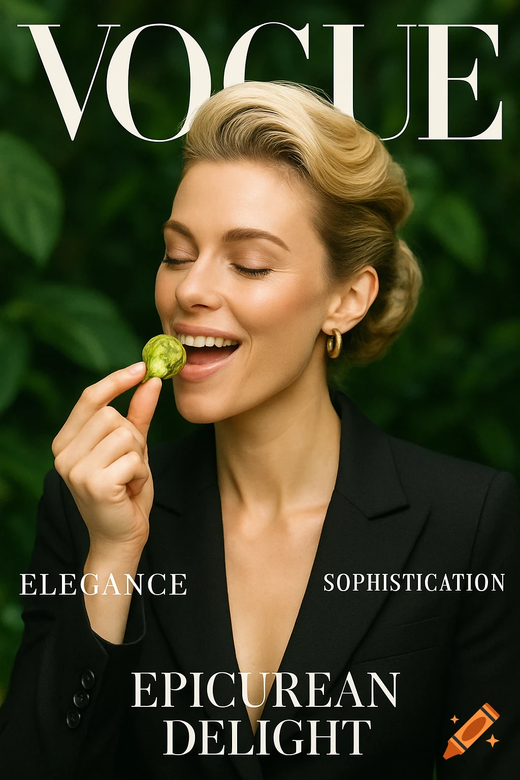 A blonde woman in a black blazer smiling, holding a brussels sprout to her mouth, on a Vogue magazine cover.