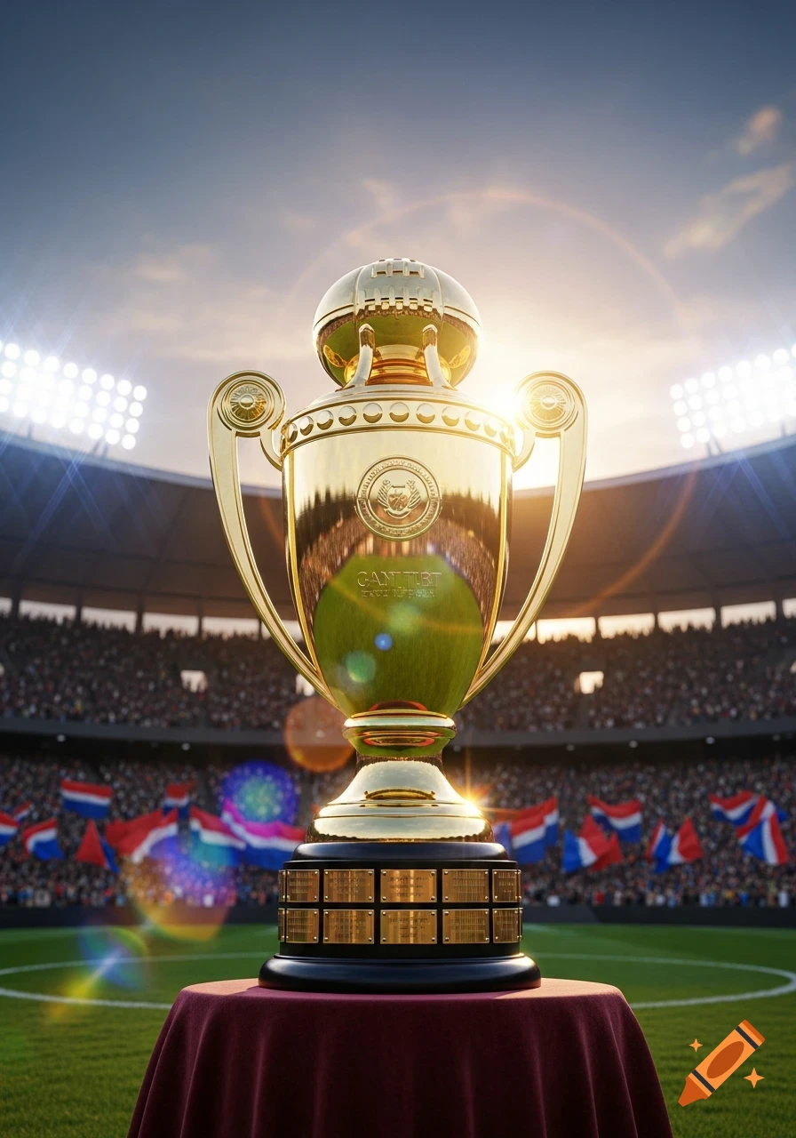 Golden football trophy on a red-draped table in a large stadium with cheering crowds and bright lights at sunset.