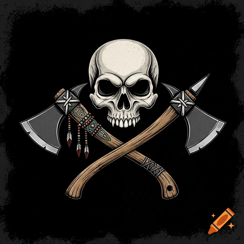 Stylized illustration of a skull centered above two crossed axes, one beaded and one a tomahawk, on a dark grunge background.
