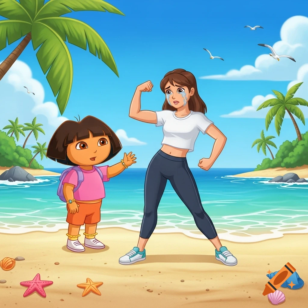 Dora the Explorer stands on a sunny beach with a crying woman flexing her arm. Palm trees, seagulls, and seashells are in the background.