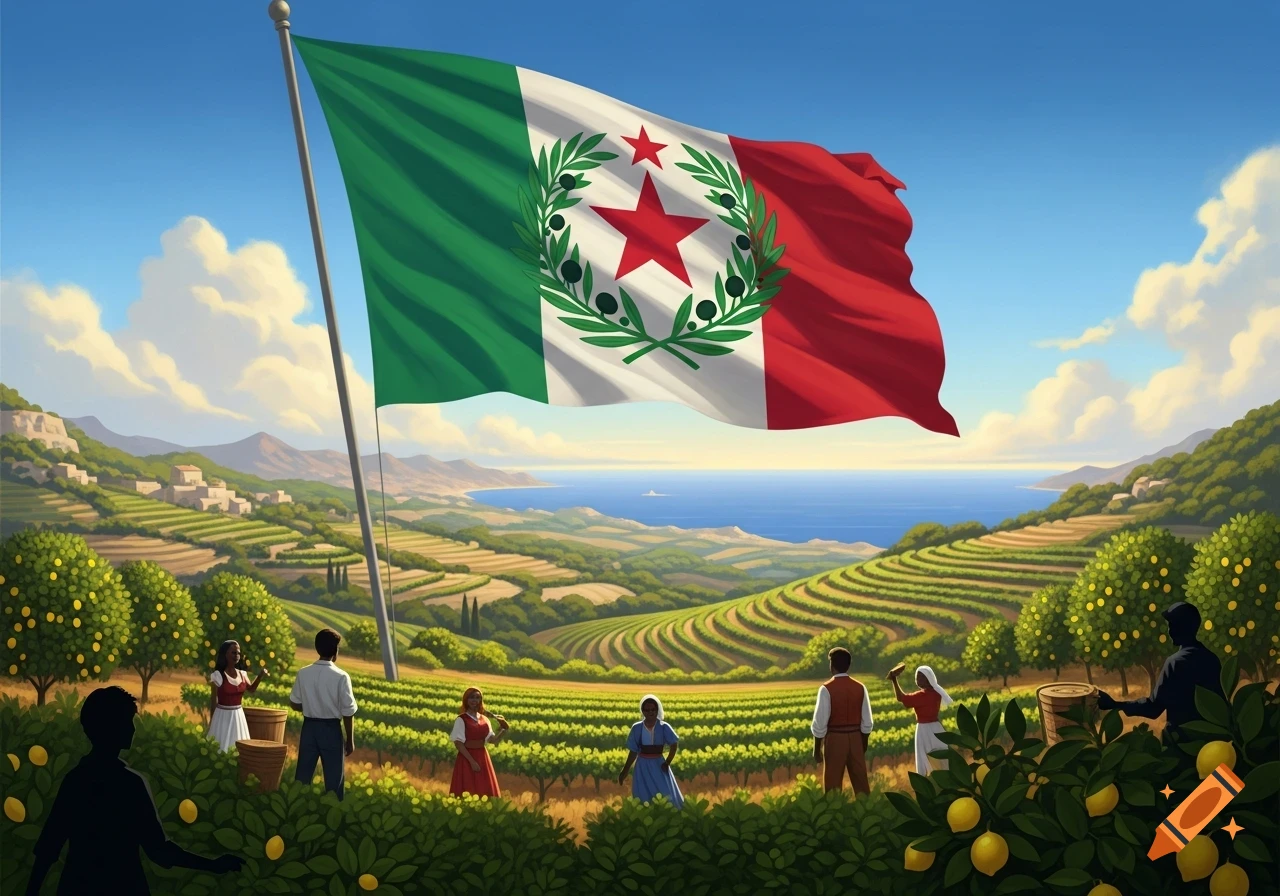 A large green, white, and red flag with a red star and olive branches flies over a terraced coastal landscape where people work in fields.