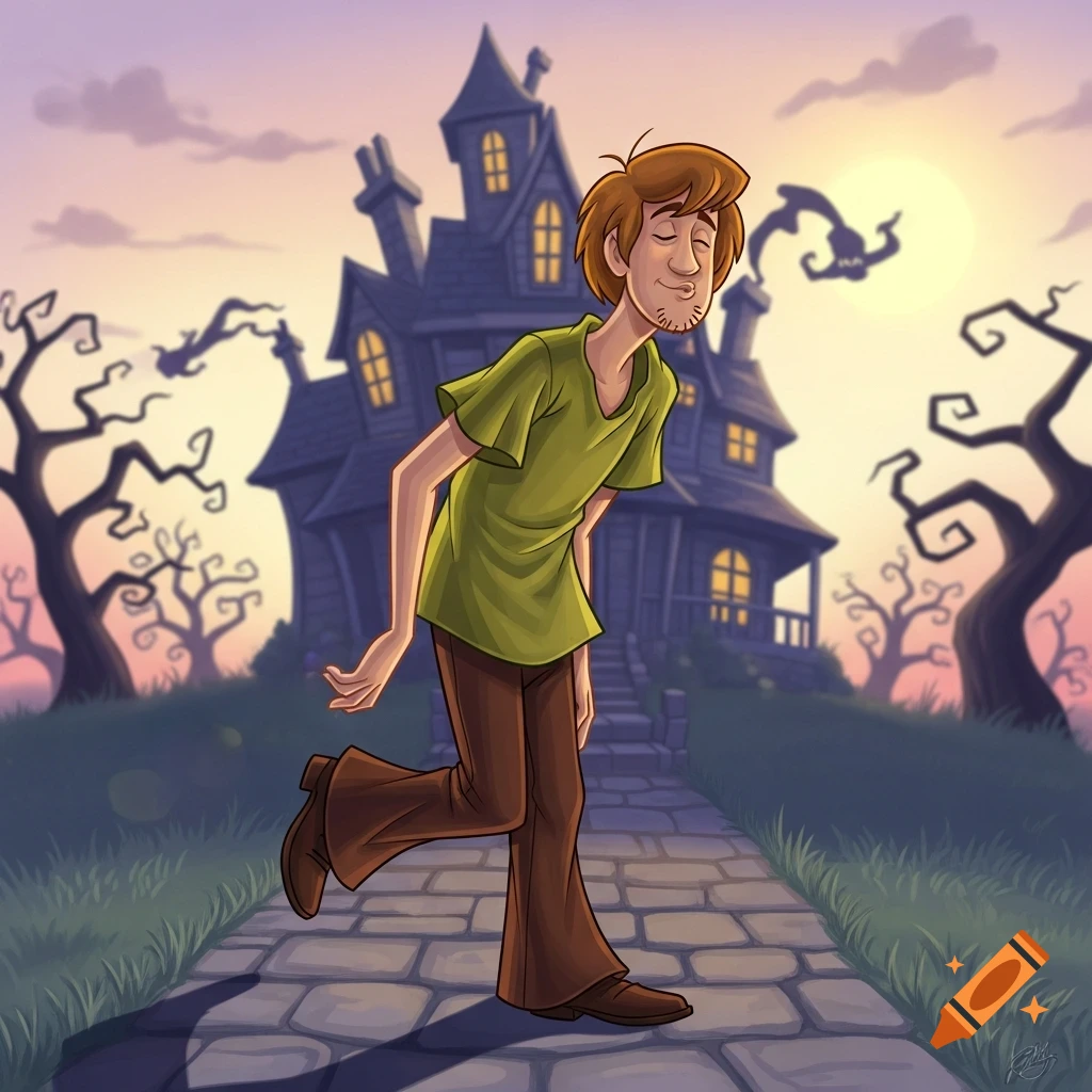 Cartoon of Shaggy from Scooby-Doo smiling with eyes closed, posing on a cobblestone path in front of a haunted house at sunset.