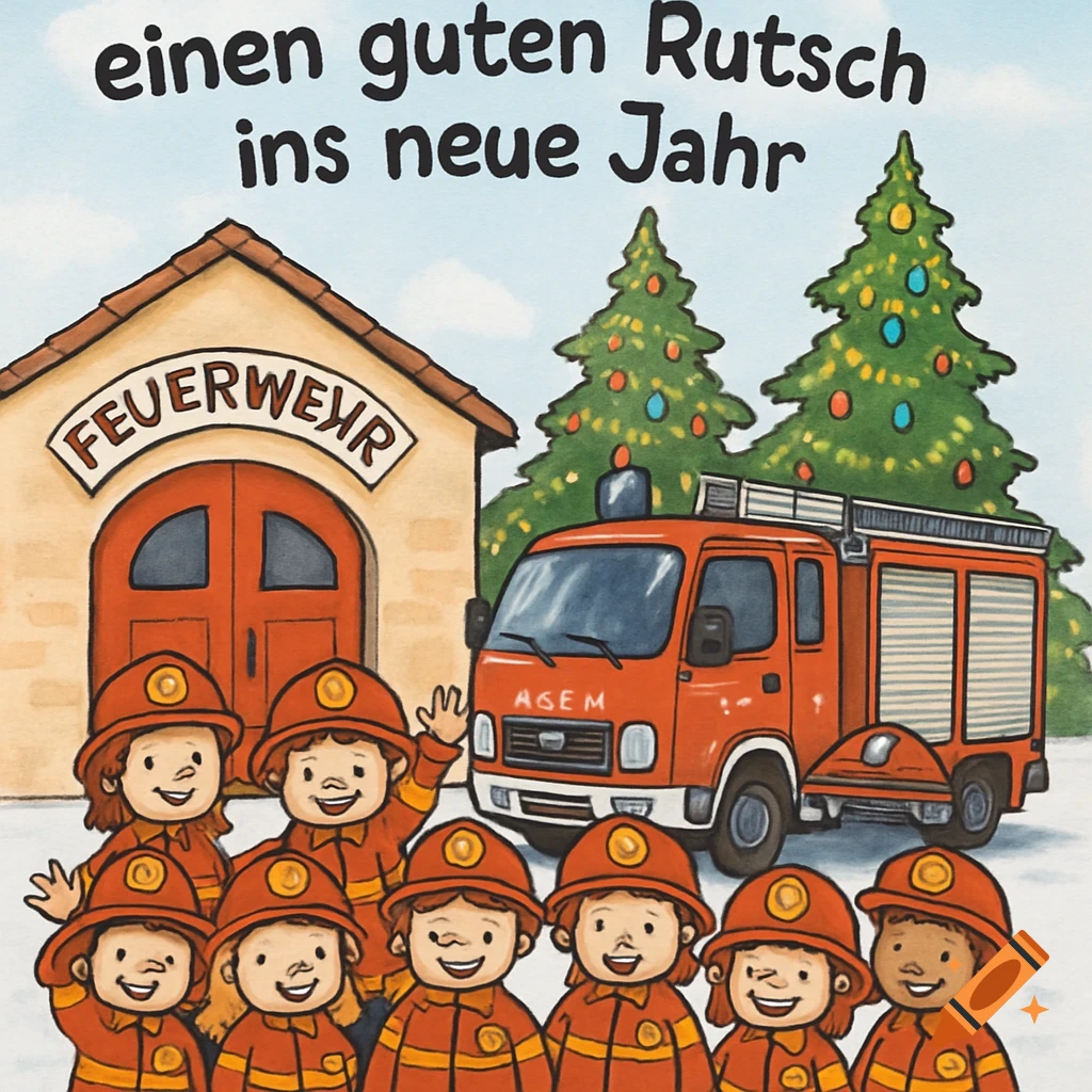 A cheerful cartoon shows seven children dressed as firefighters standing in front of a fire station and a fire truck, with two decorated Christmas trees behind them. Text at the top reads 'einen guten Rutsch ins neue Jahr'.