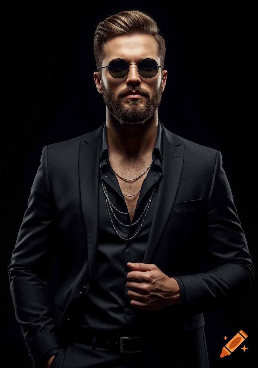 A man with a neatly groomed beard and short hair wears dark round sunglasses, a black suit, and layered necklaces against a black background.