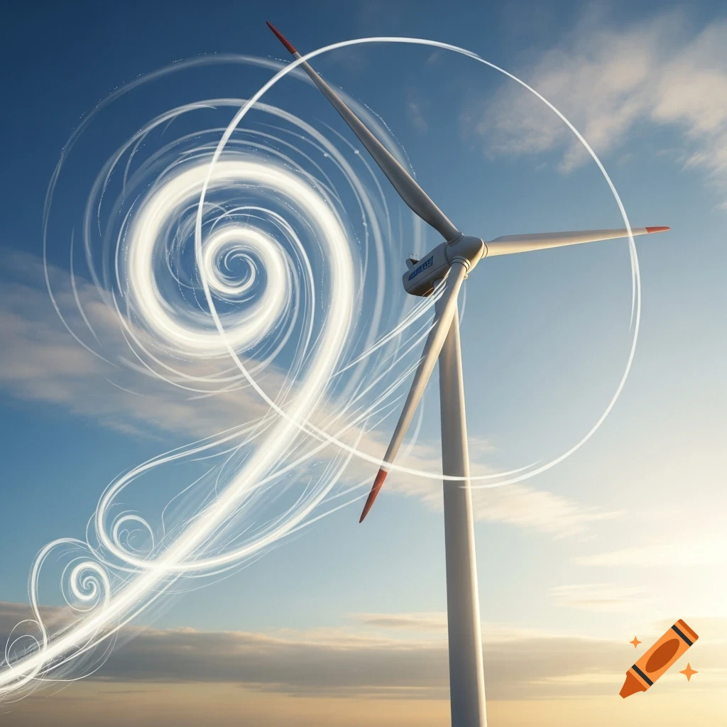 A wind turbine generates glowing white swirling energy patterns against a blue and orange sky, with a blurry logo on its nacelle.
