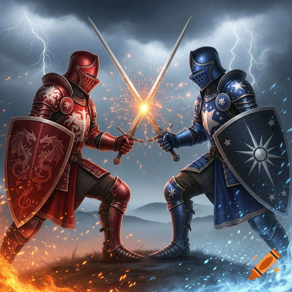 Two armored knights, one red with dragon emblem, one blue with star emblem, clash swords amidst fire, ice, and lightning.