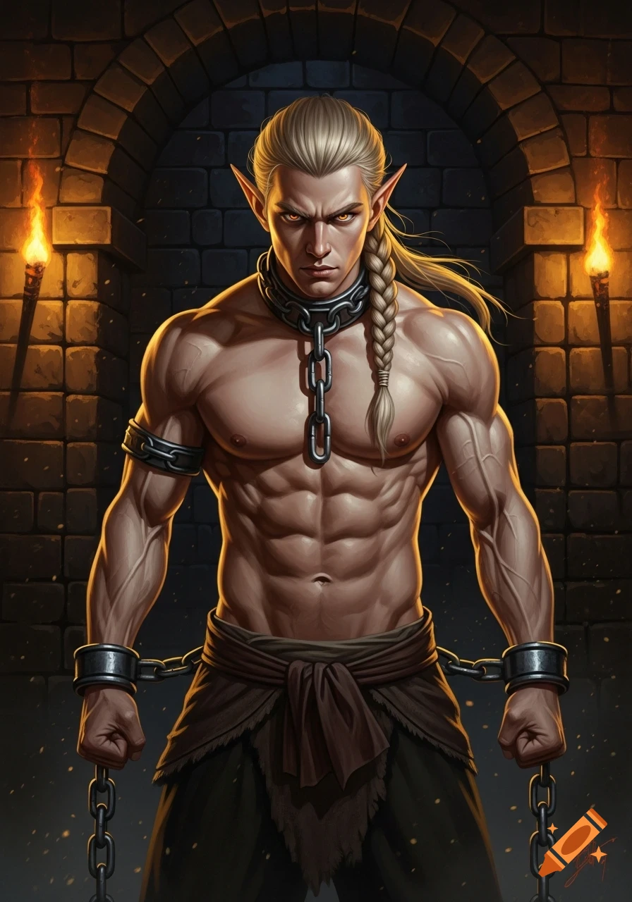 A muscular male elf with a long blonde braid, chained at the neck and wrists, stands defiantly in a dark stone dungeon with torches.