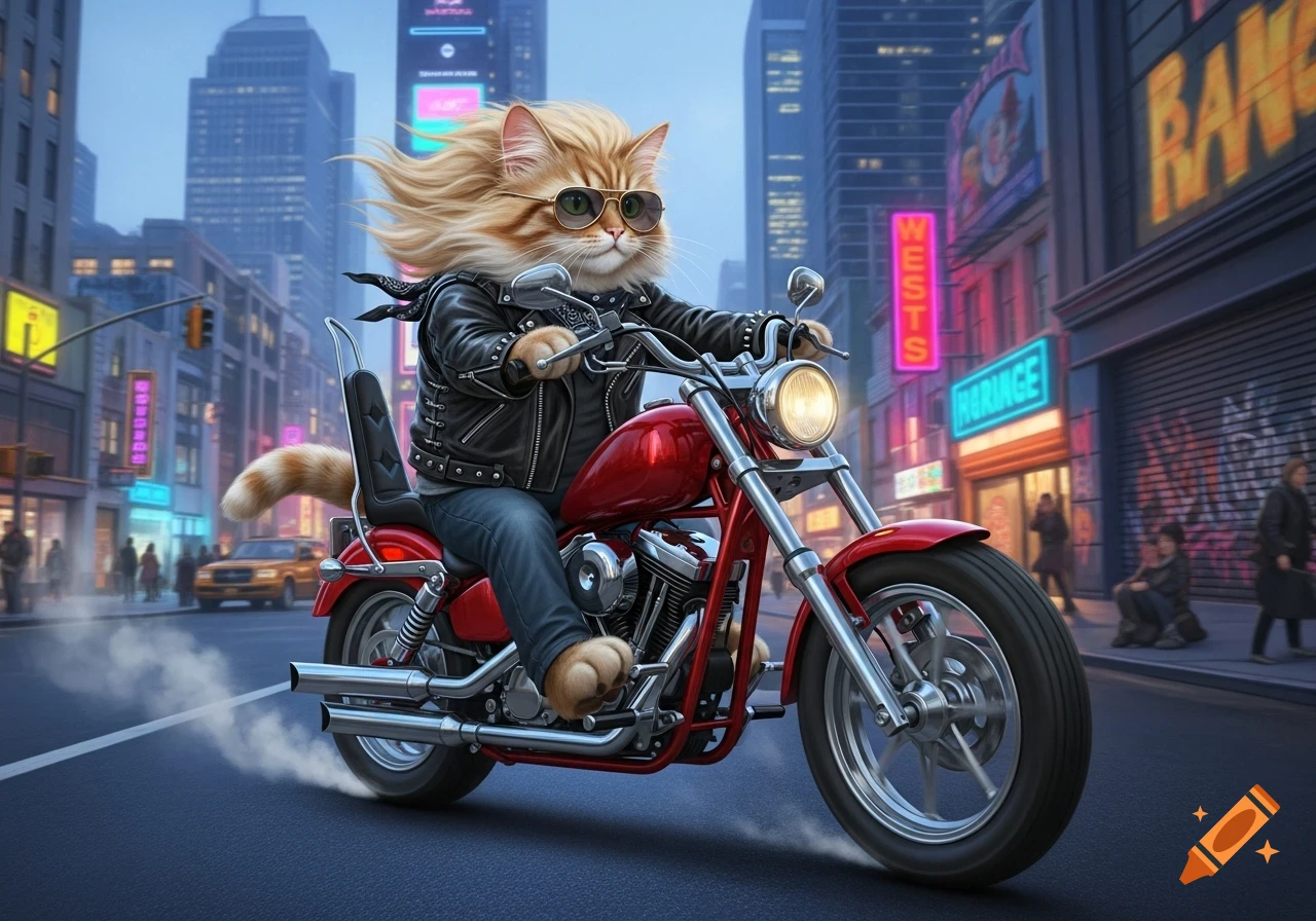 A long-haired cat in a leather jacket and sunglasses rides a red chopper motorcycle through a city street at dusk.