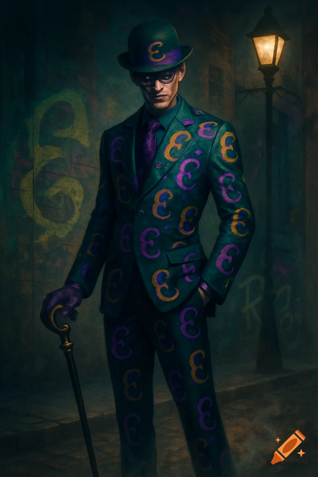 A stylized portrait of The Riddler, standing in a dark alley under a streetlamp, wearing a green suit and bowler hat adorned with orange and purple 'E's, holding a cane.