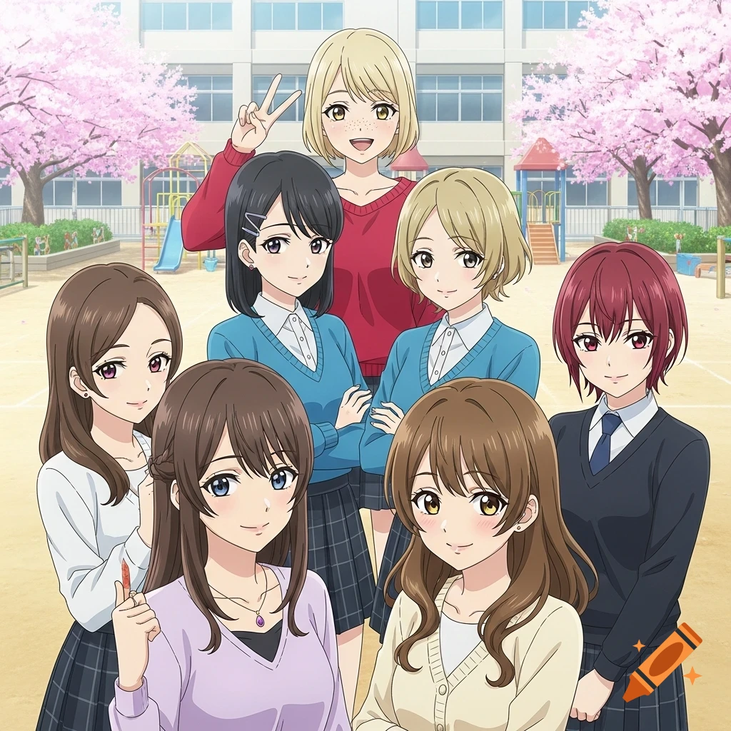 Seven anime-style girls in school uniforms pose in a schoolyard with cherry blossom trees in the background.