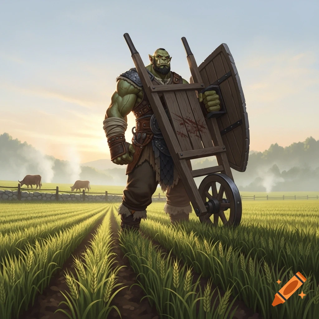 A muscular green orc farmer holds a wooden wheelbarrow like a shield in a vast green crop field at sunrise, with cows and hills in the background. Fantasy art style.