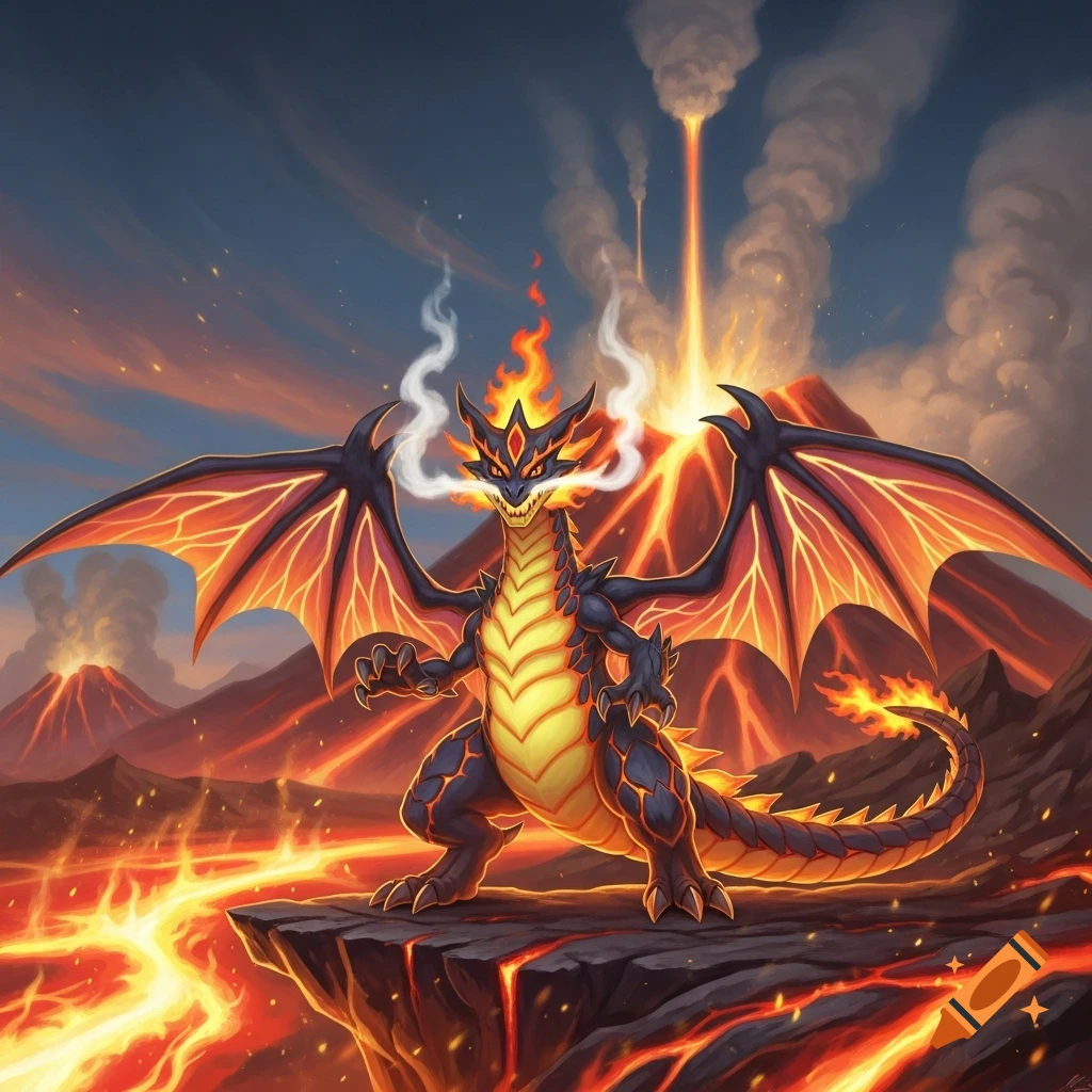 A vibrant, cartoonish fire dragon with fiery wings stands on a lava ...
