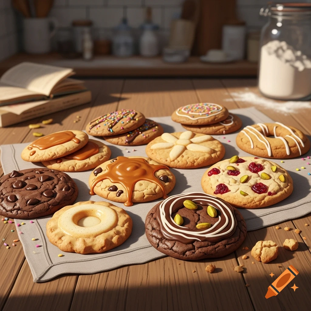 A close-up shot of various decorated cookies, including chocolate chip, caramel, sprinkle, and nut-topped designs, on a grey cloth on a wooden kitchen table.