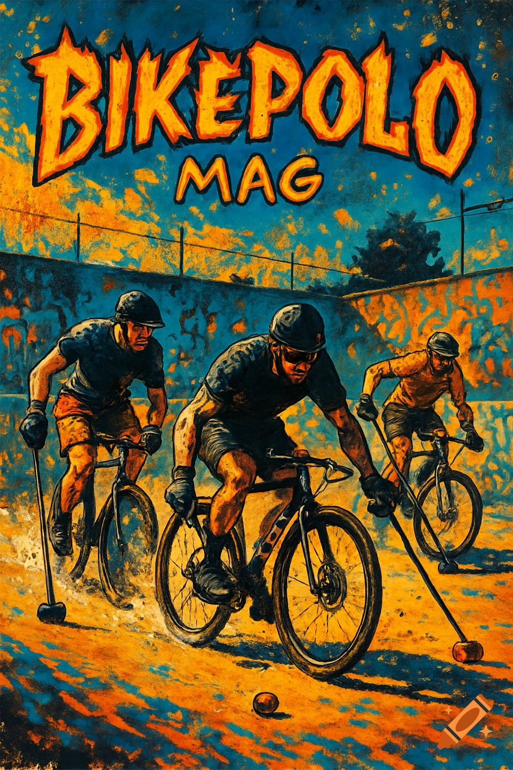 Gritty, vibrant poster art of three men playing hardcourt bike polo, with the title 'BIKEPOLO MAG' at the top.
