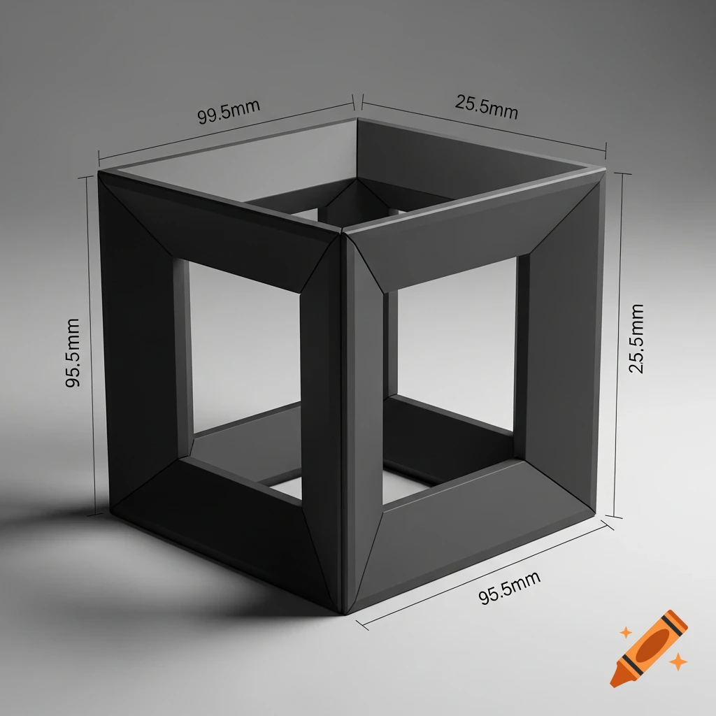 A dark gray, open-top cubic frame with dimension lines showing measurements of 99.5mm, 25.5mm, and 95.5mm against a gray background.