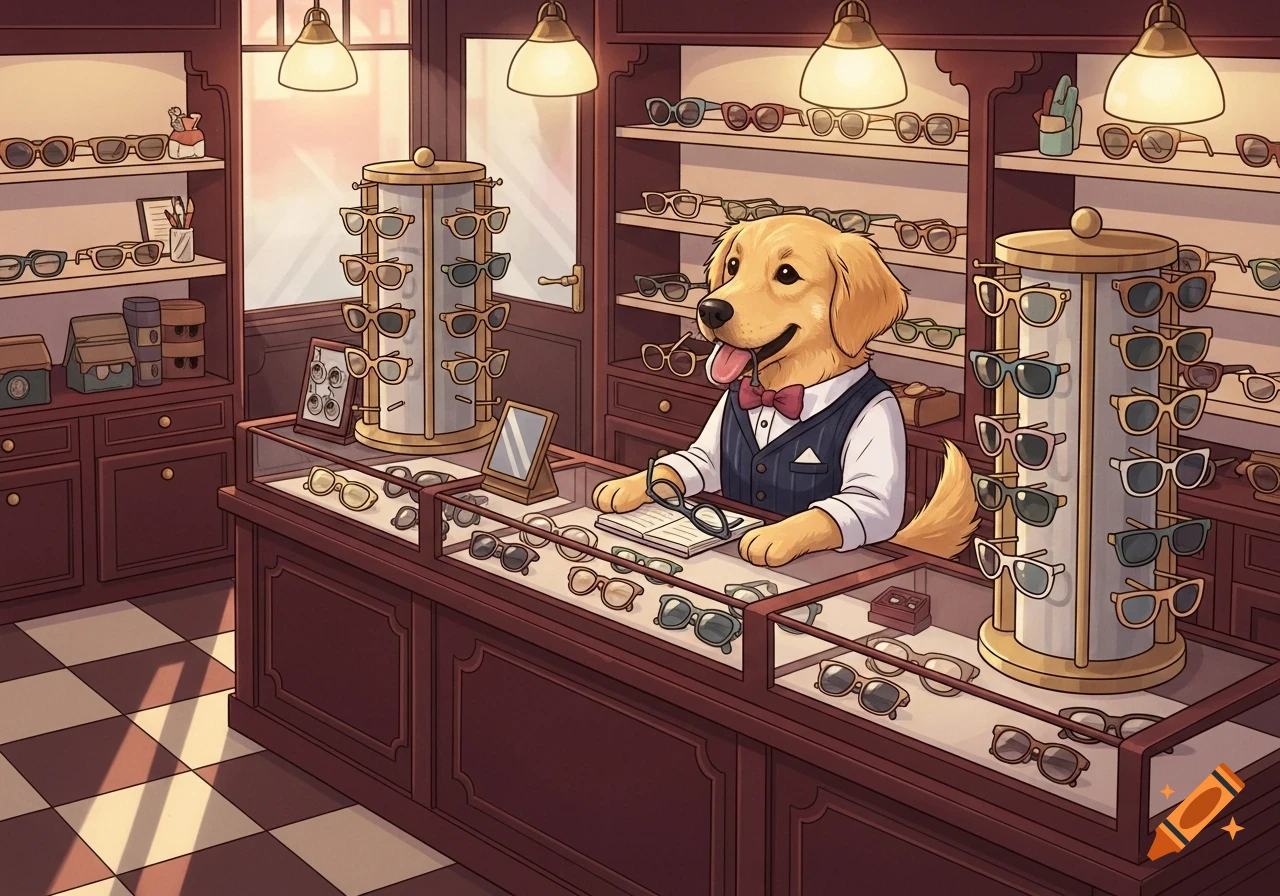A cartoon golden retriever dog, dressed in a waistcoat and bow tie, works behind a counter in an optician's shop filled with eyeglasses.