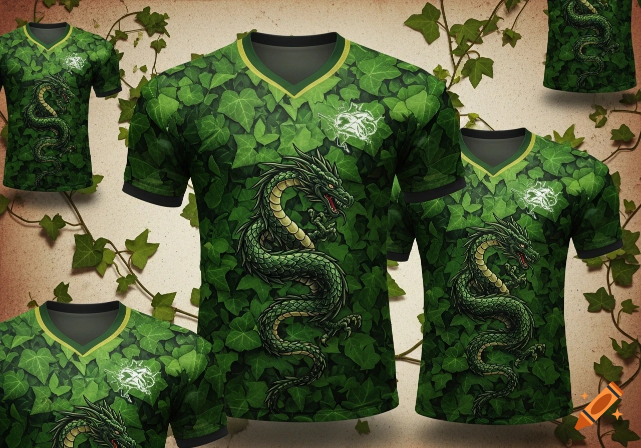 Multiple green t-shirts featuring a fierce green dragon amidst an ivy leaf pattern, set against a rustic background with vines.
