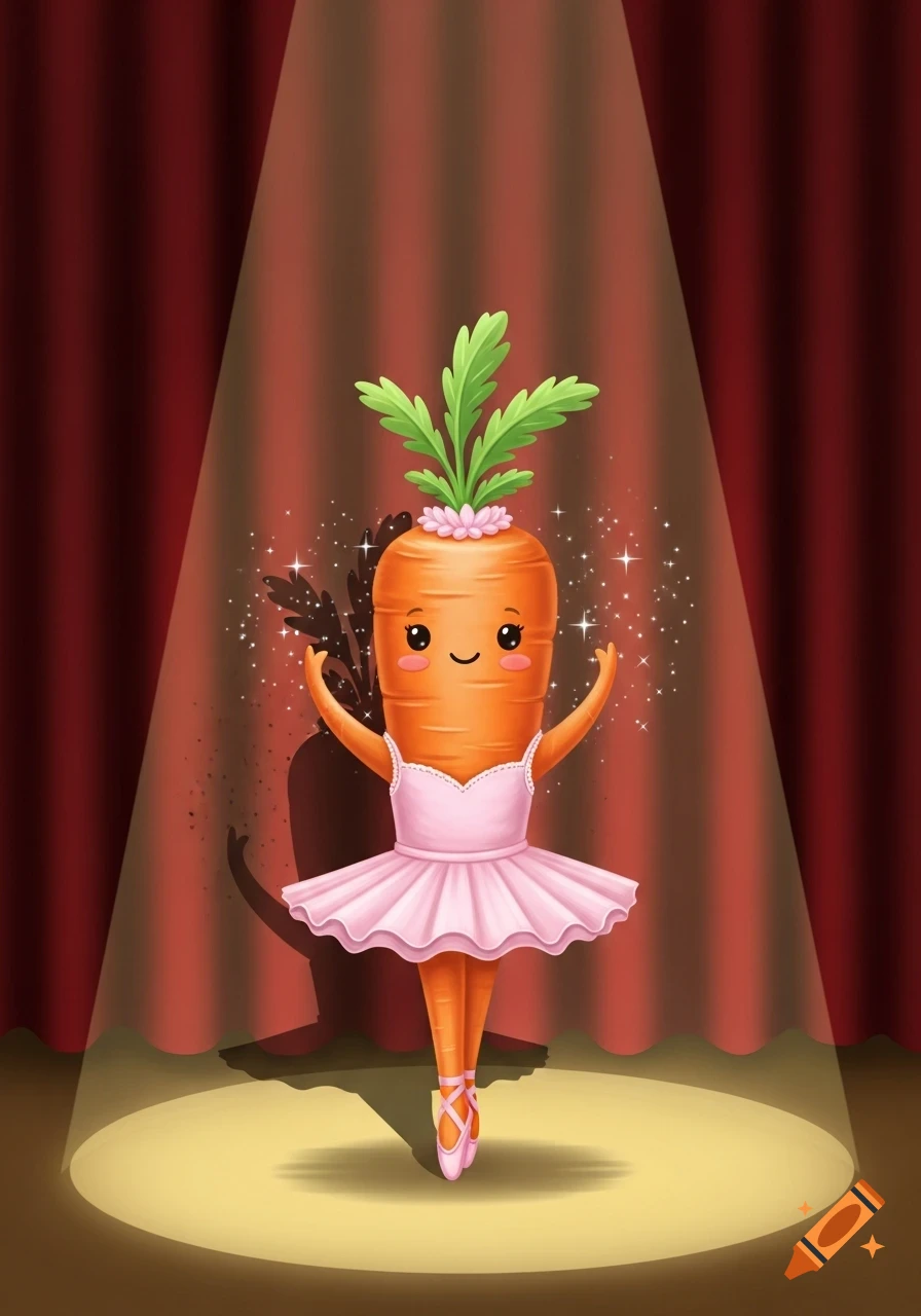 A cute, smiling cartoon carrot with green leaves and a pink flower on its head, wearing a pink ballet tutu and pointe shoes, spotlighted on a stage with red curtains.