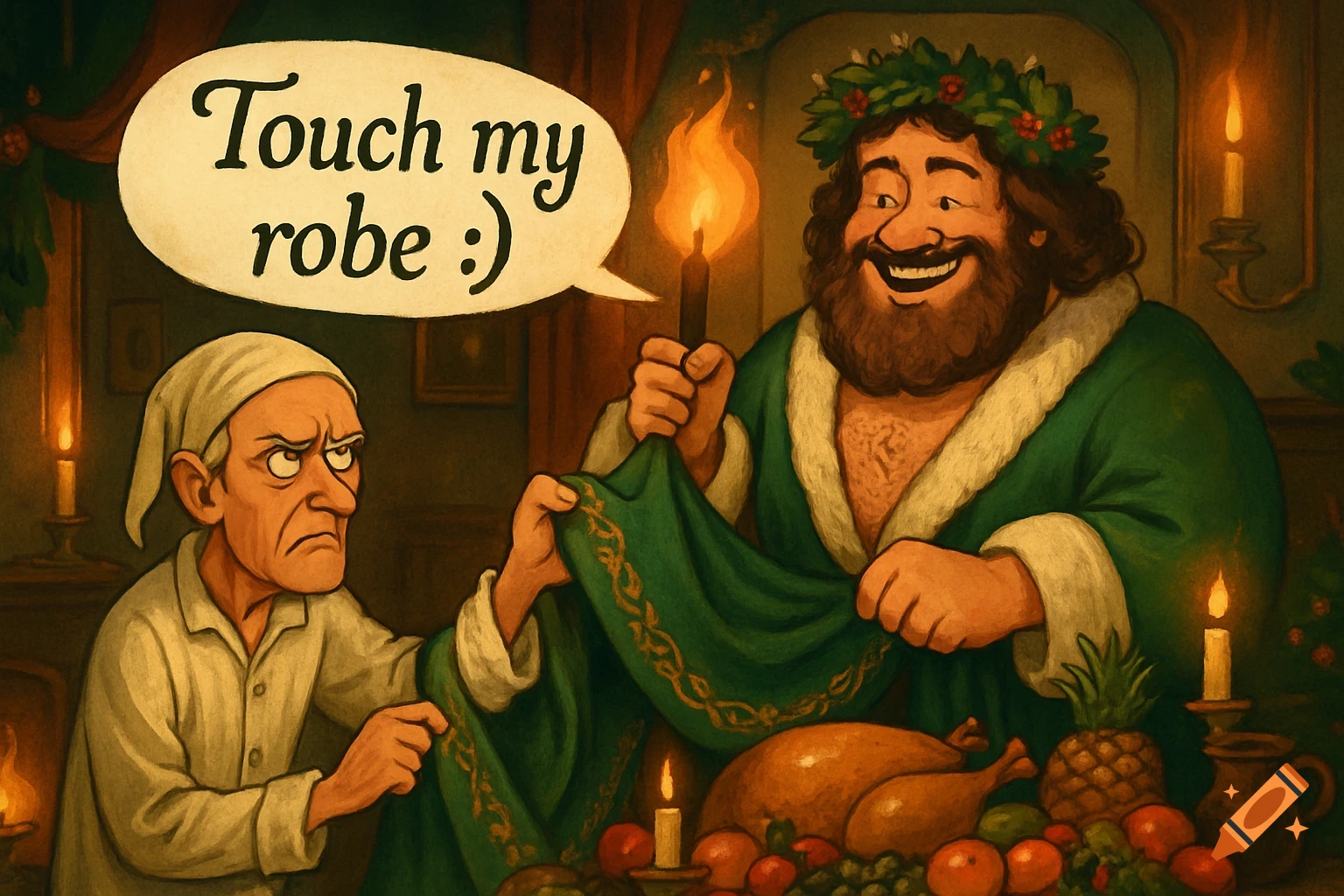 Cartoon of a grumpy Scrooge looking at the jolly Ghost of Christmas Present holding out his green robe saying 'Touch my robe :)' in a festive scene.