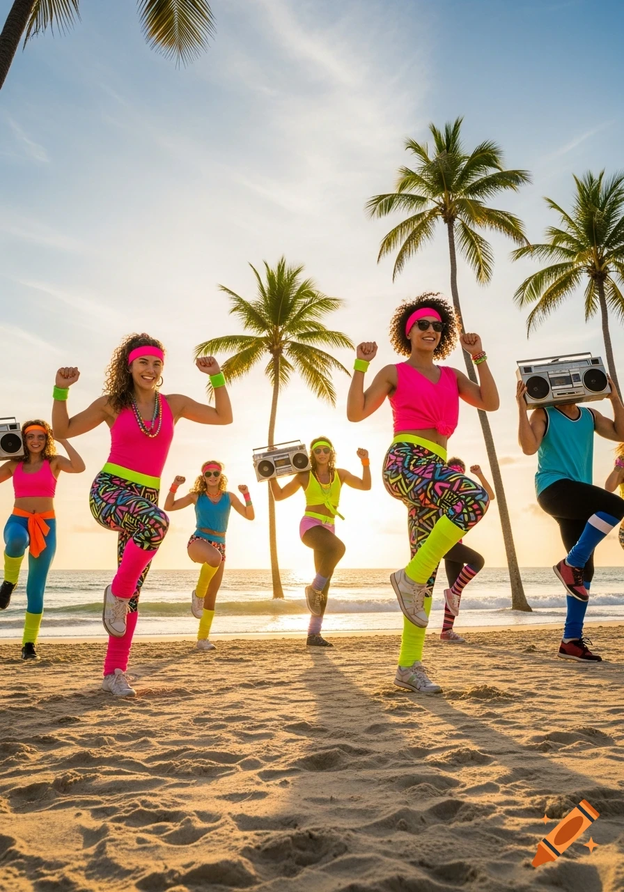A group of people in neon 80s workout gear do aerobics on a sunny beach with palm trees and boomboxes at sunset.