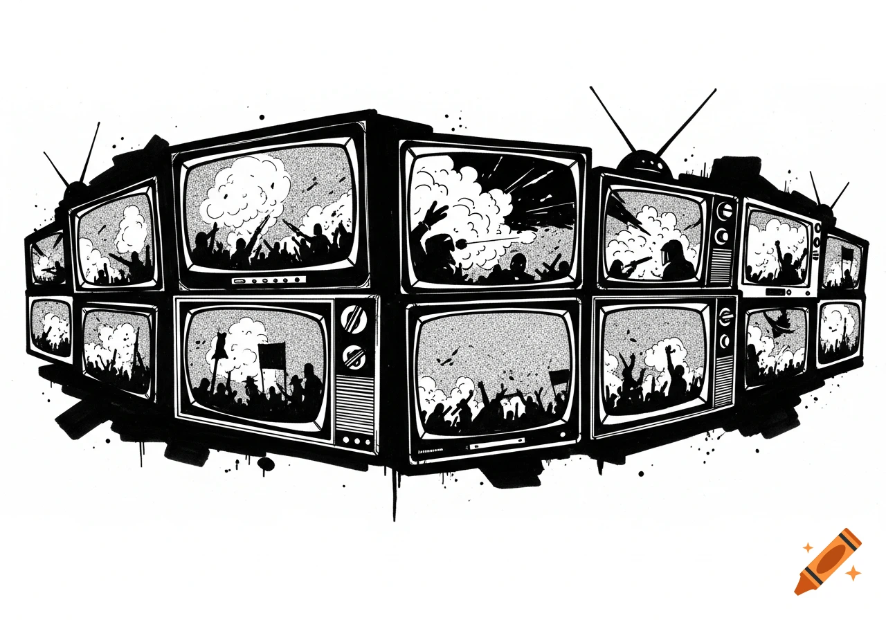 Black and white ink drawing of a wall of old televisions displaying riot scenes with crowds and explosions.