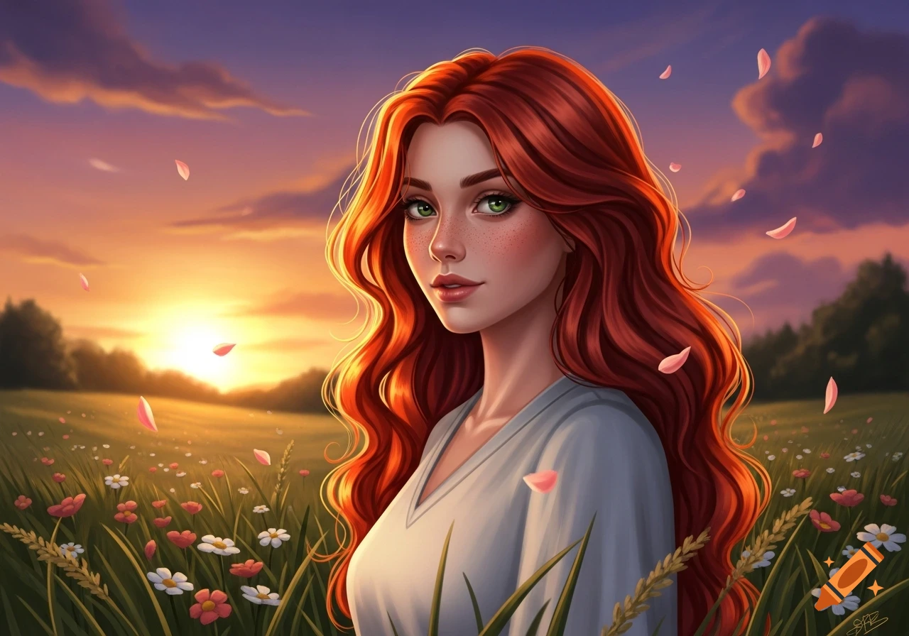 An artistic portrait of a young woman with long wavy red hair and green ...
