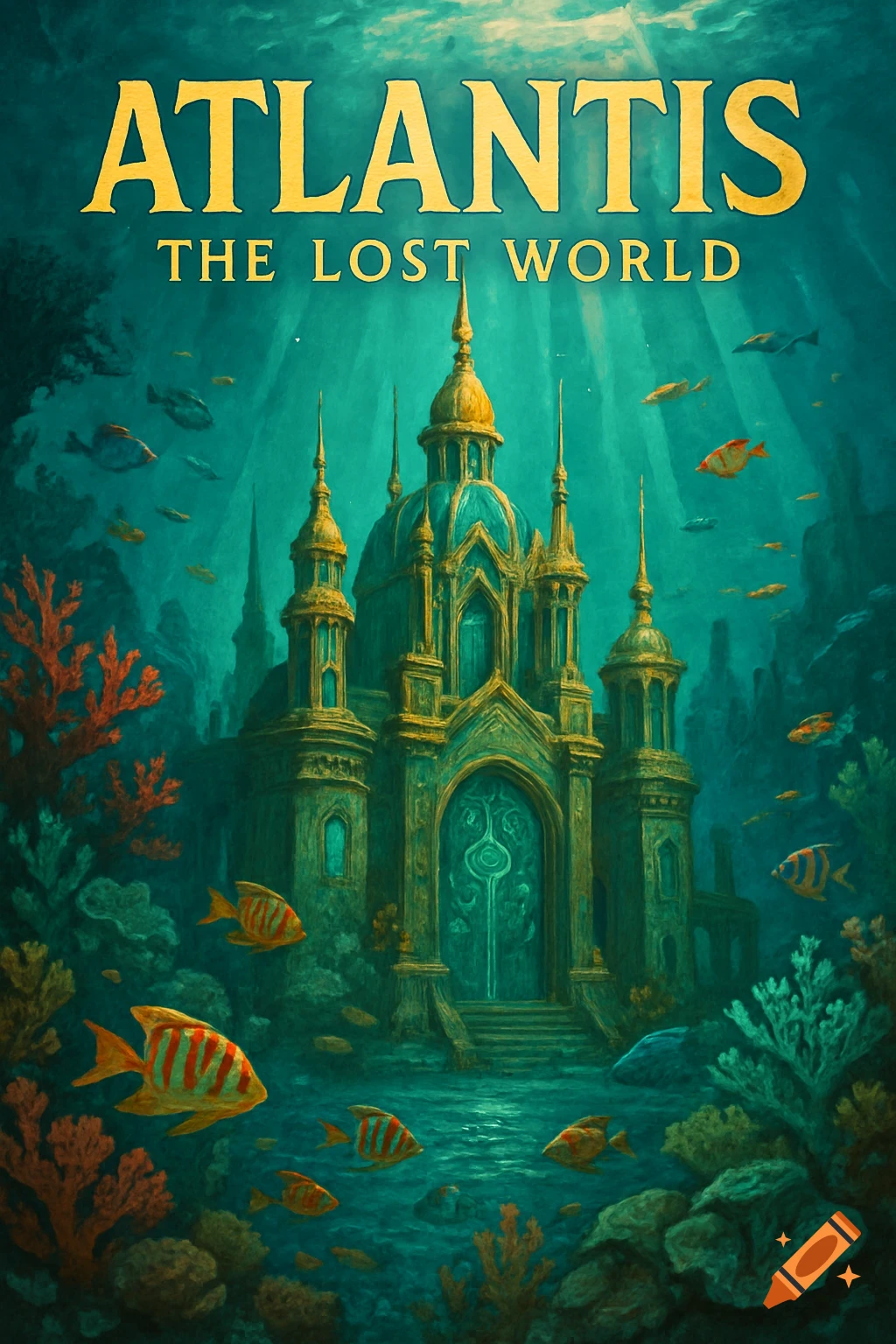 A golden-domed underwater city of Atlantis with 