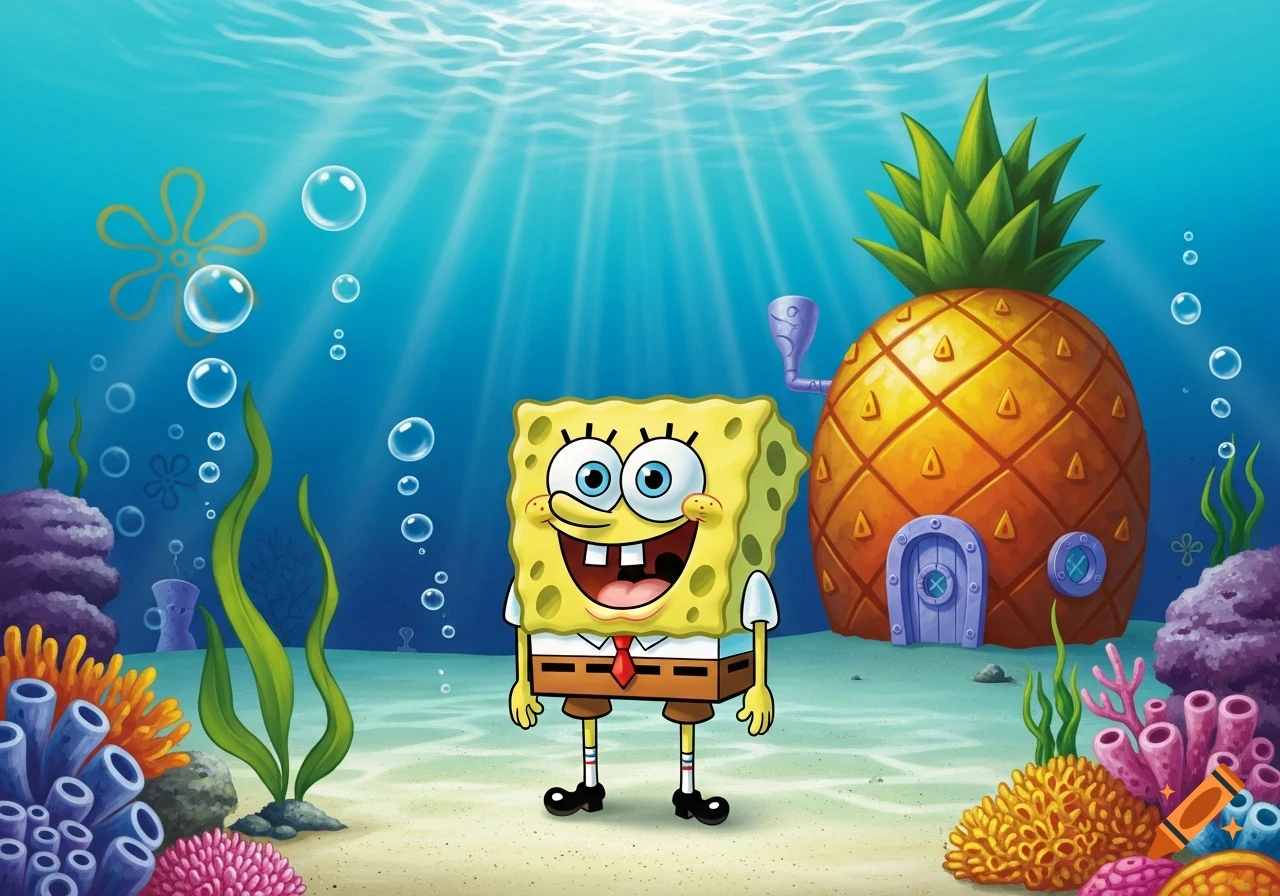 Spongebob Squarepants stands smiling in his underwater home, with a pineapple house, coral, and seaweed.