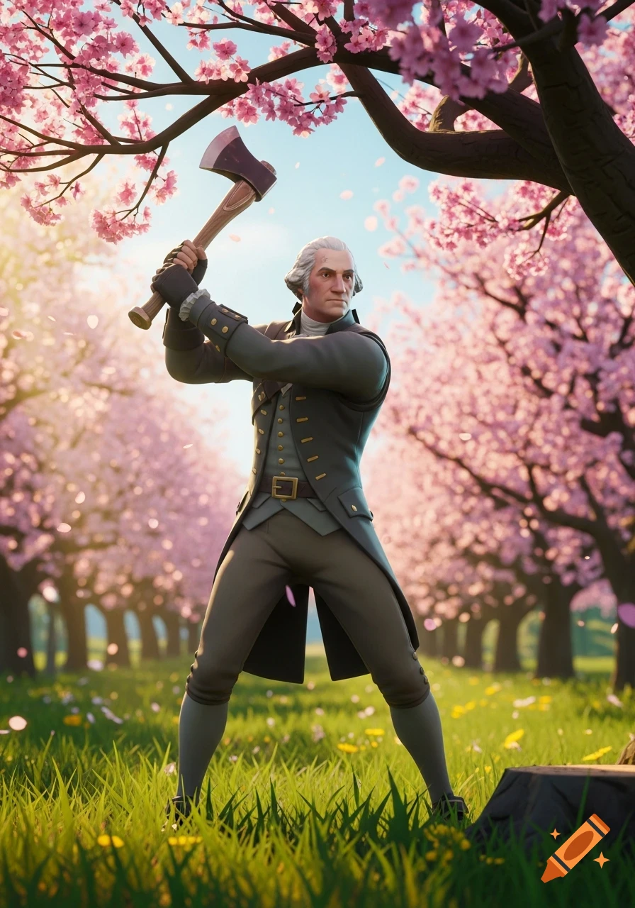 George Washington in a Fortnite-style outfit, holding an axe under blooming cherry trees in a vibrant field.