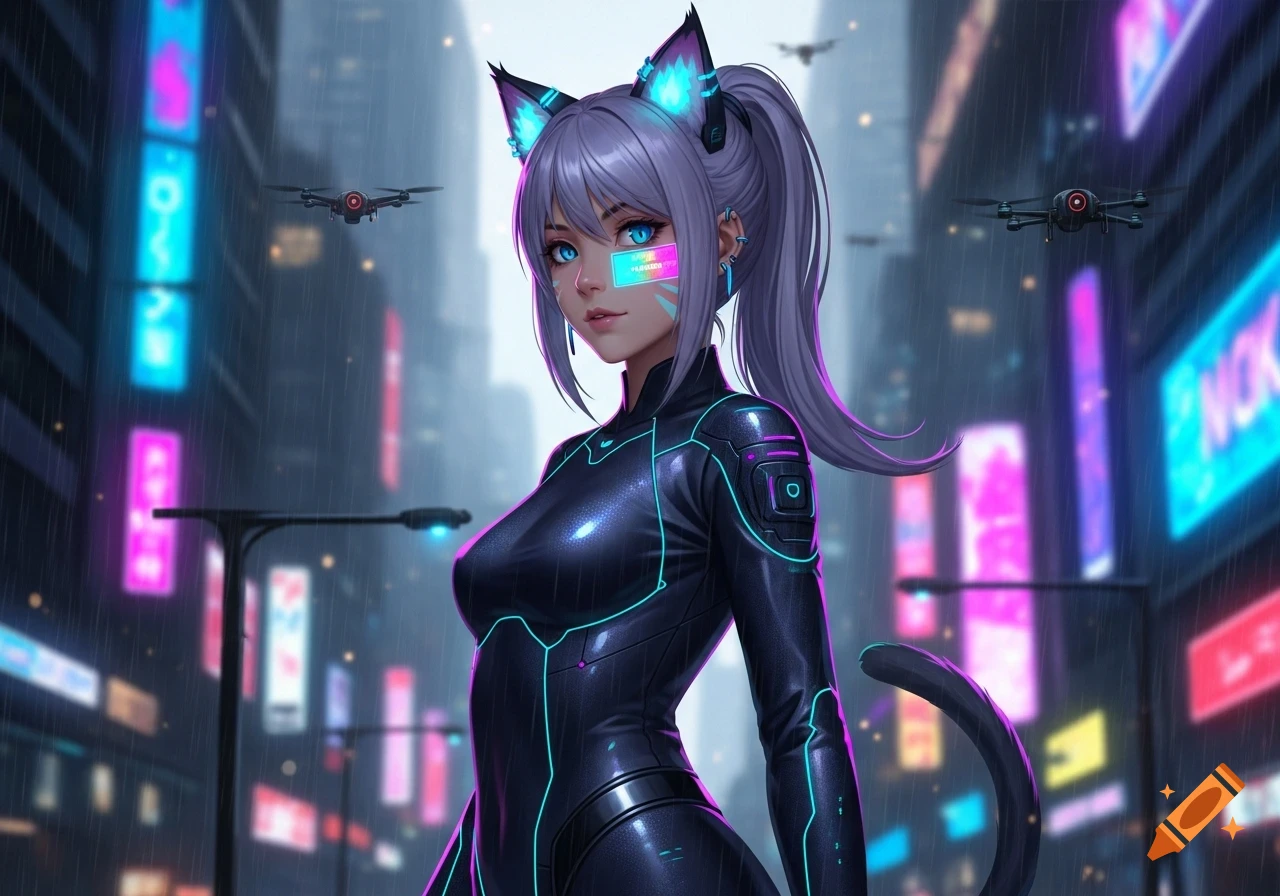 A cyberpunk catgirl with glowing ears and face tech, wearing a black suit, stands in a rainy neon-lit city street with drones flying.