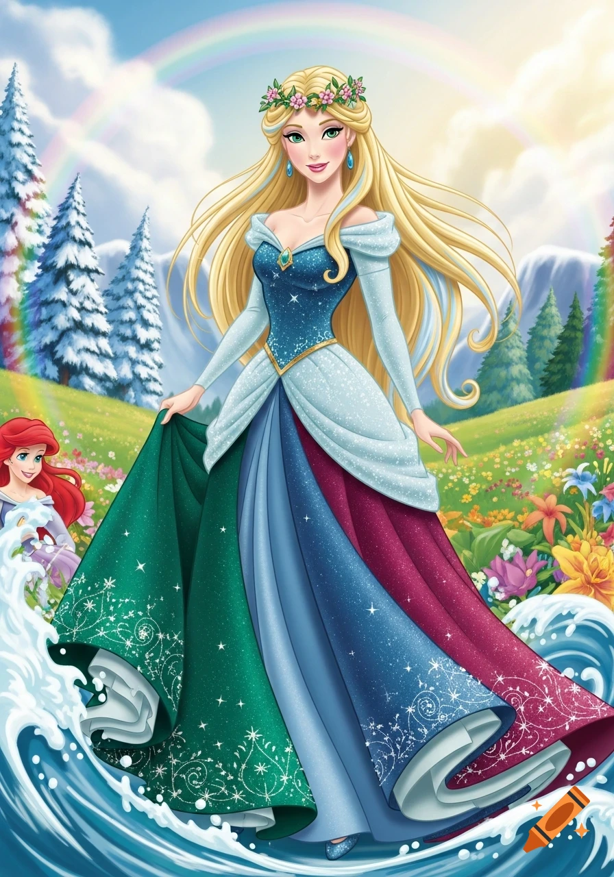 A blonde princess with a flower crown and a sparkling multi-colored dress stands in water with a rainbow and snowy mountains.