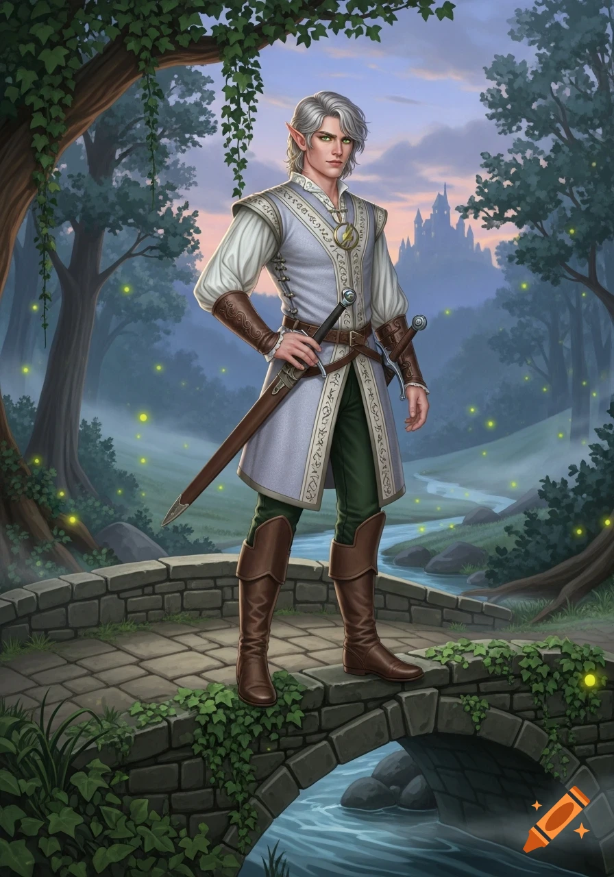 A silver-haired elf man in medieval clothing stands on a stone bridge over a river in a mystical forest with fireflies and a distant castle.