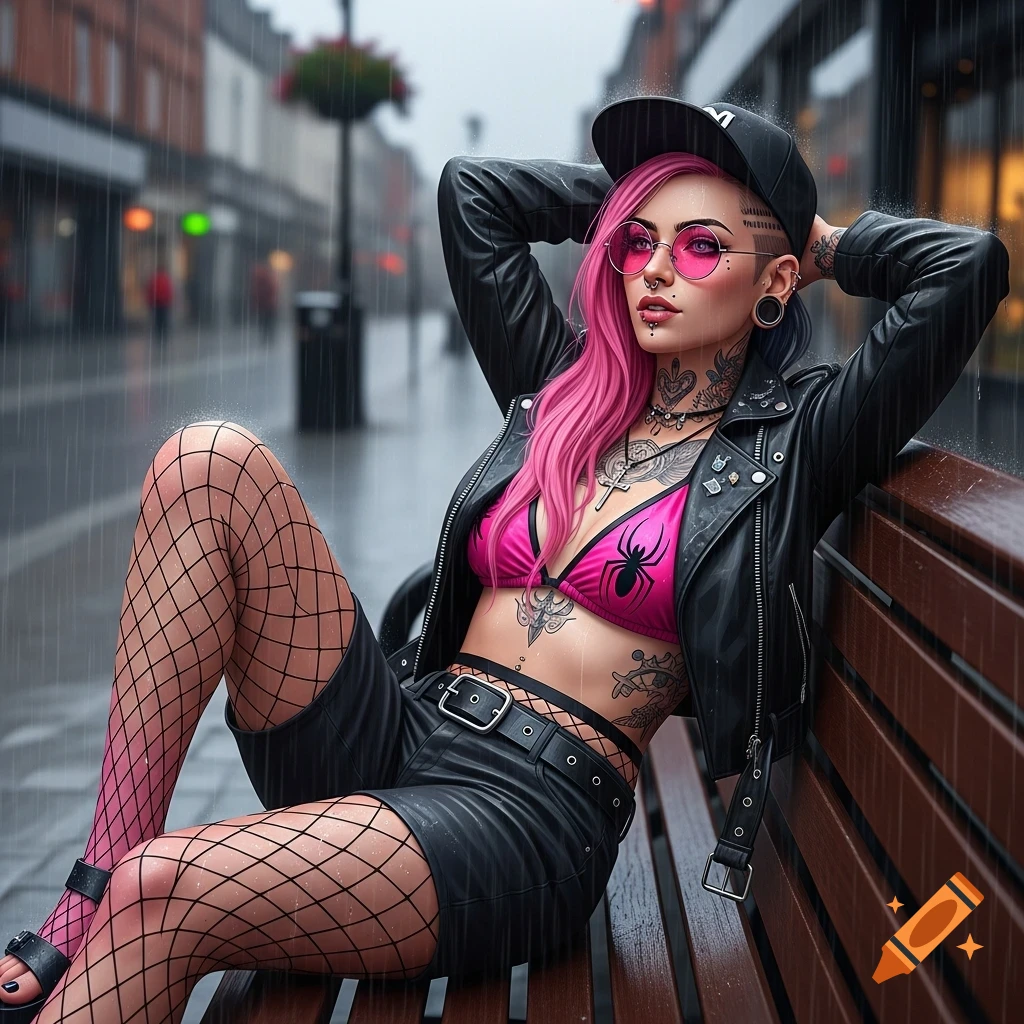 Photorealistic portrait of a woman with pink hair, tattoos, and piercings, wearing a leather jacket and pink bikini top, lying on a bench on a rainy street.