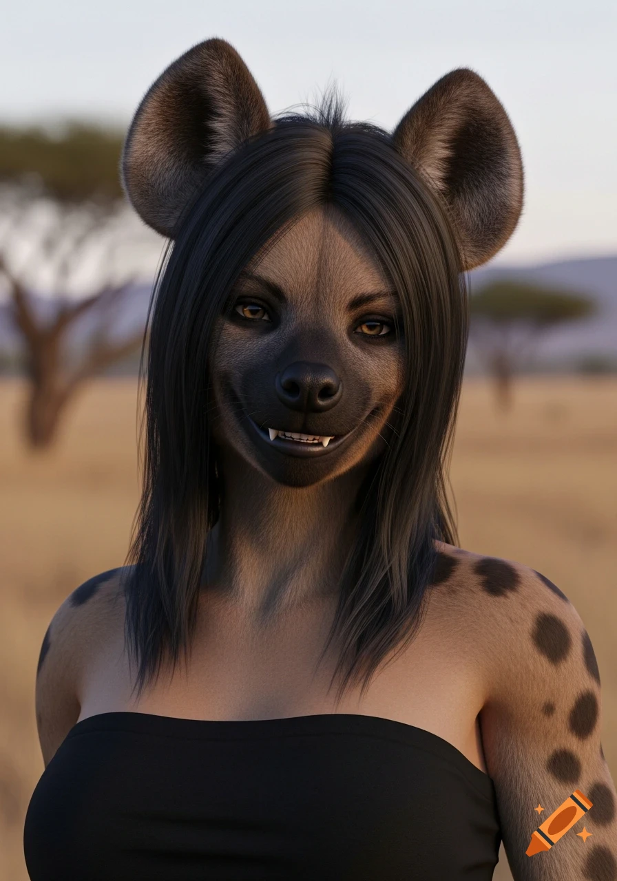 A photorealistic portrait of a smiling hyena demi-human woman with dark hair and spotted fur, wearing a black tube top in a savanna.