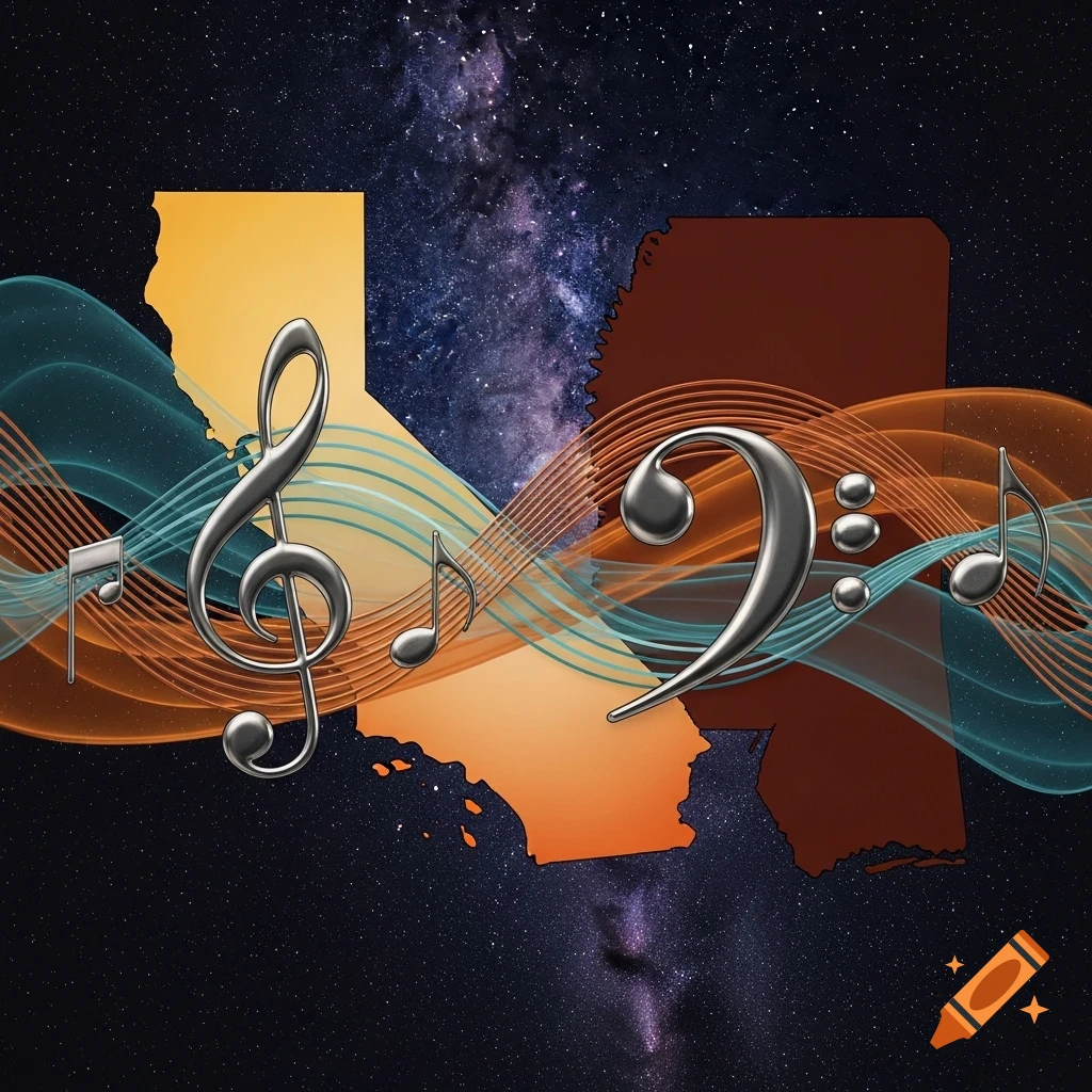 Metallic music notes and clefs connect the outlines of California and Mississippi, set against a vibrant starry cosmic background.