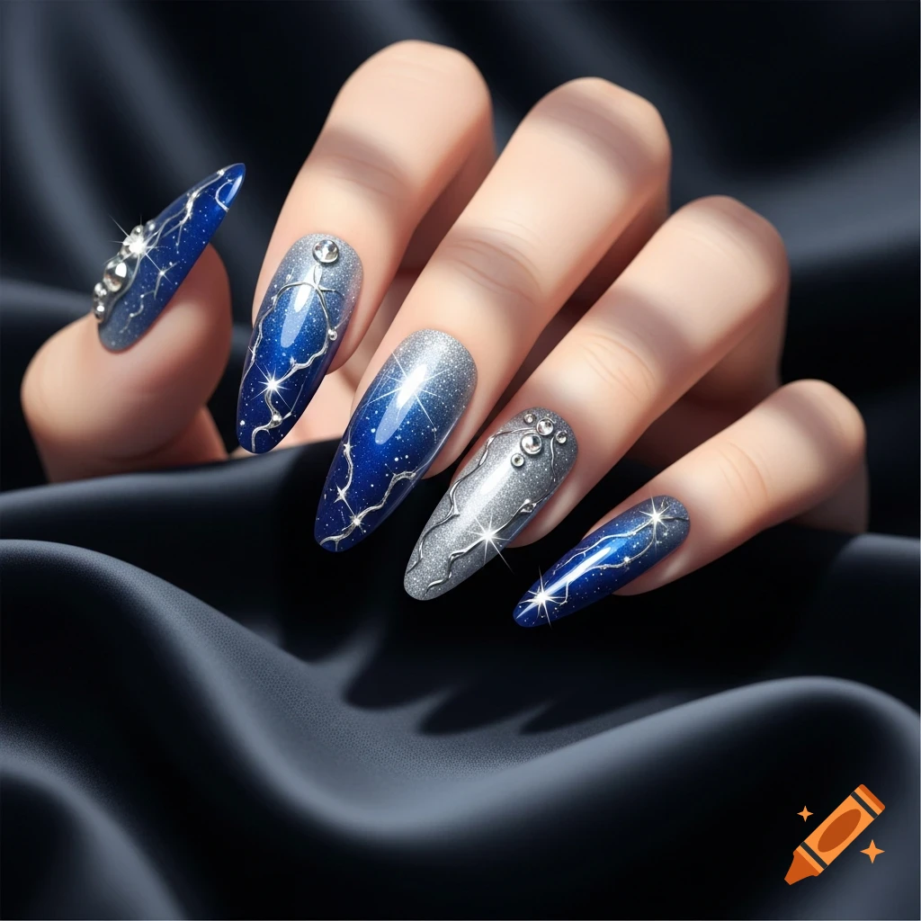A hand with long stiletto nails, some painted in shimmering blue with silver swirls and stars, others in sparkling silver with rhinestone clusters and silver lines, against a dark fabric background.