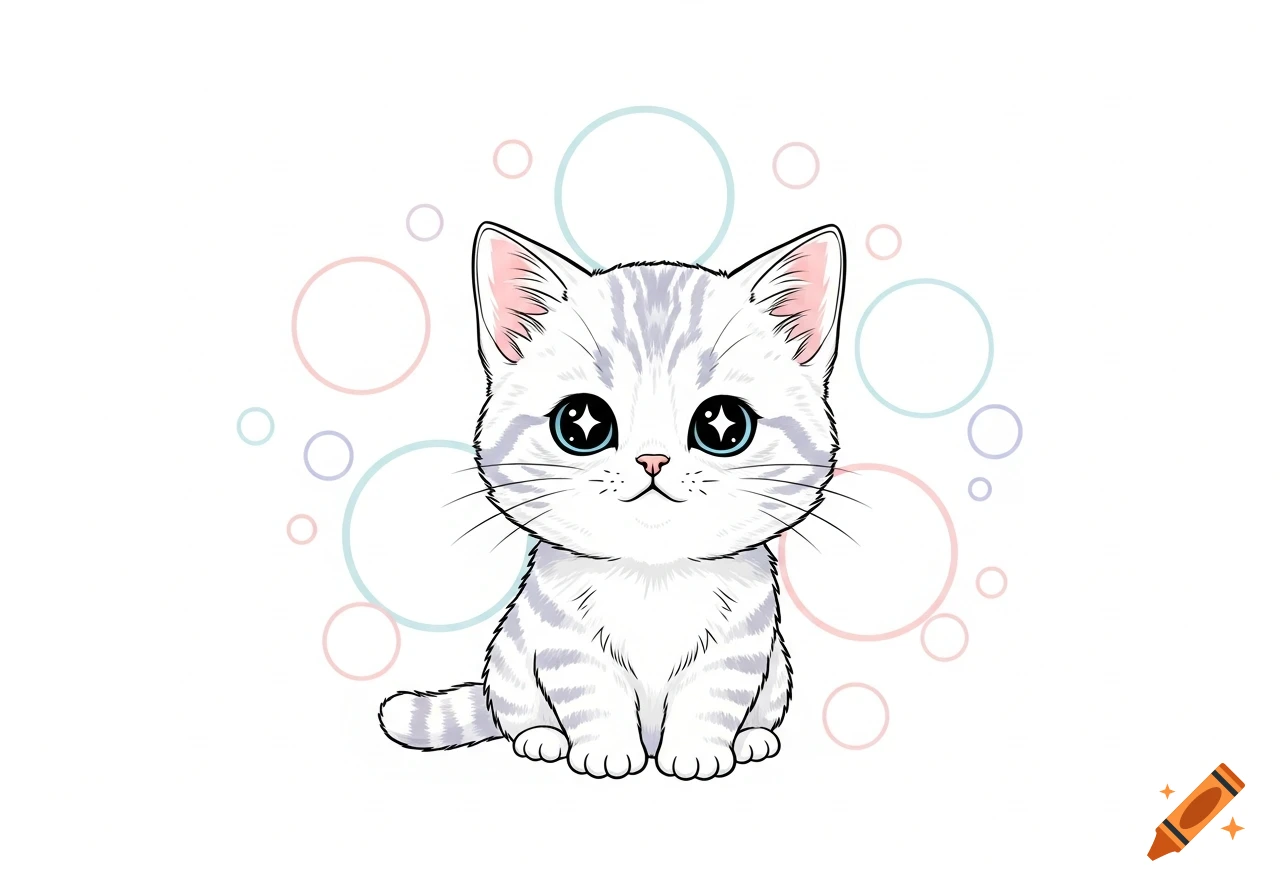A cute kawaii style baby cat with large eyes and grey stripes sits in front of pastel circles on a white background.