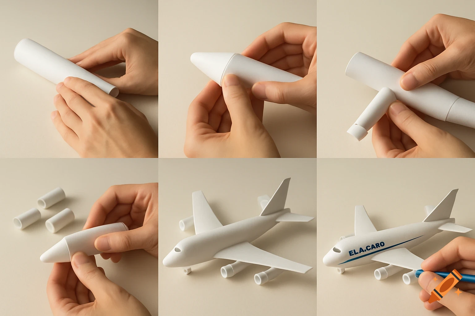 Six-step guide of hands assembling a white paper model airplane from cylindrical and cone shapes.