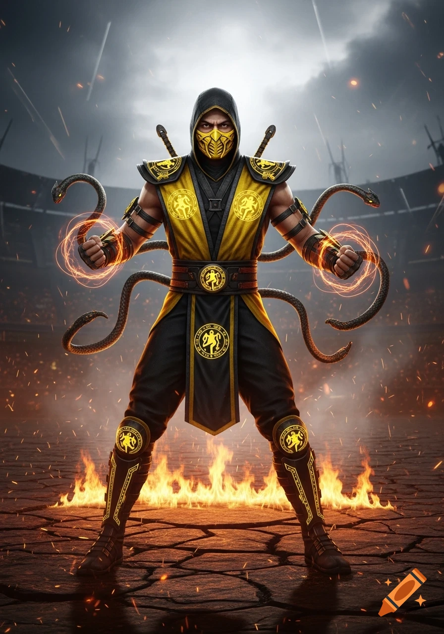 Scorpion from Mortal Kombat, dressed in his iconic black and yellow ninja outfit with a mask, stands in a fighting stance surrounded by fire and glowing ethereal chains in a stadium arena.