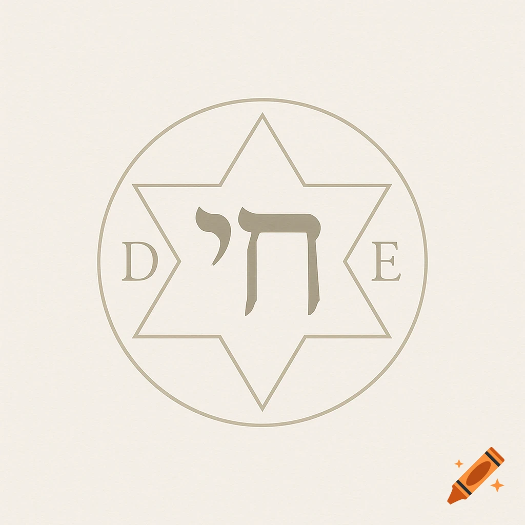 An elegant beige monogram logo featuring a Star of David, with the Hebrew word 'Chai' in the center, flanked by the letters 'D' and 'E' within a circular outline.