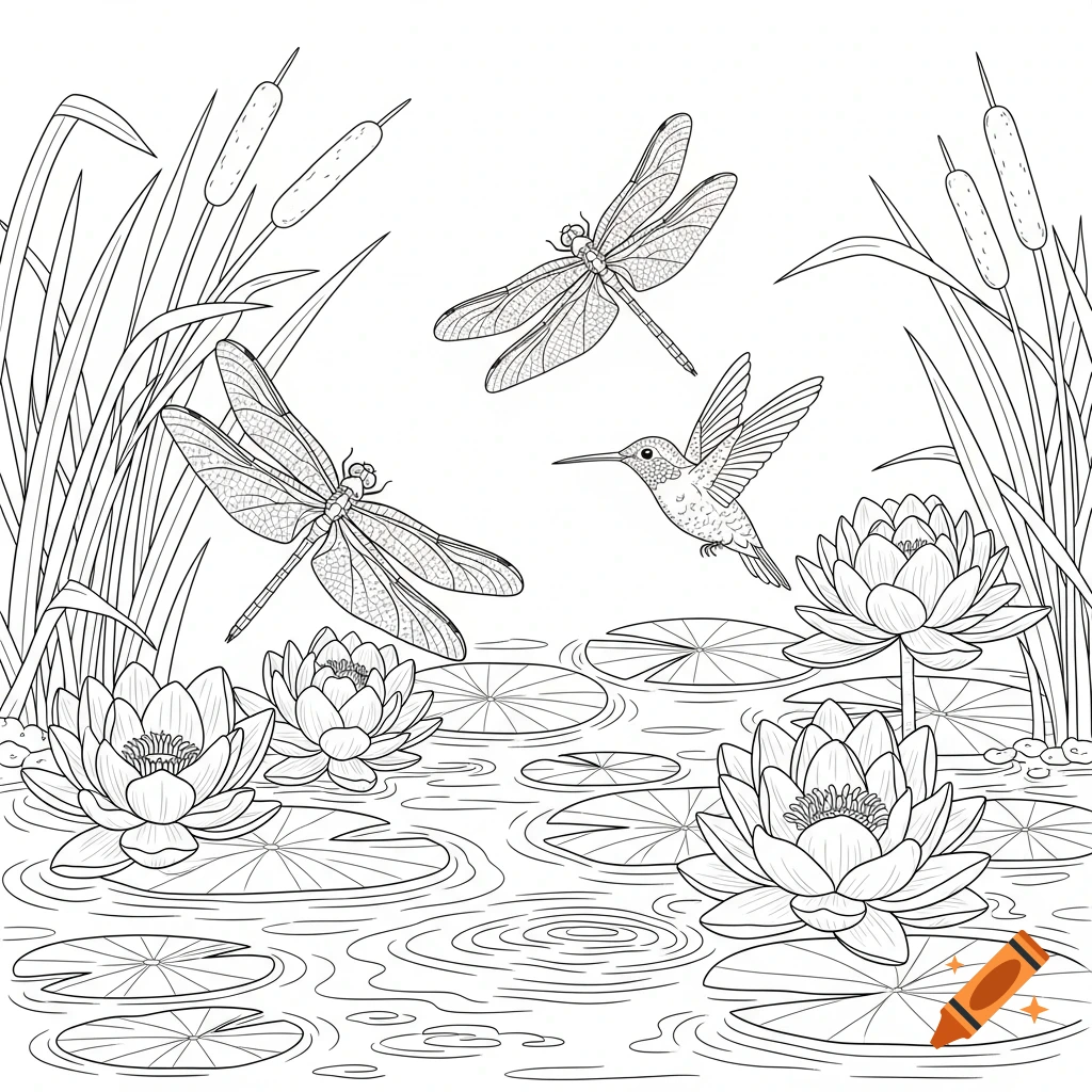 Line art coloring page featuring two dragonflies and a hummingbird flying above water lilies, lily pads, and cattails in a pond.