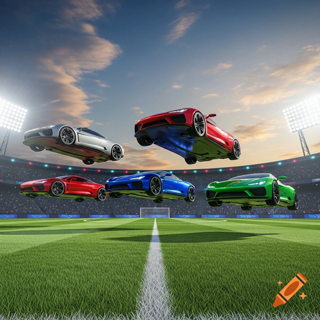 Five colorful sports cars flying over a green soccer field inside a stadium, with bright lights and a cloudy sky.