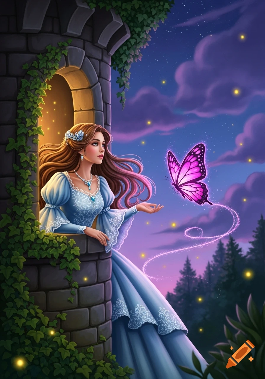 An illustrated princess in a blue gown gazes from a stone tower window at a glowing pink butterfly against a starry night sky.