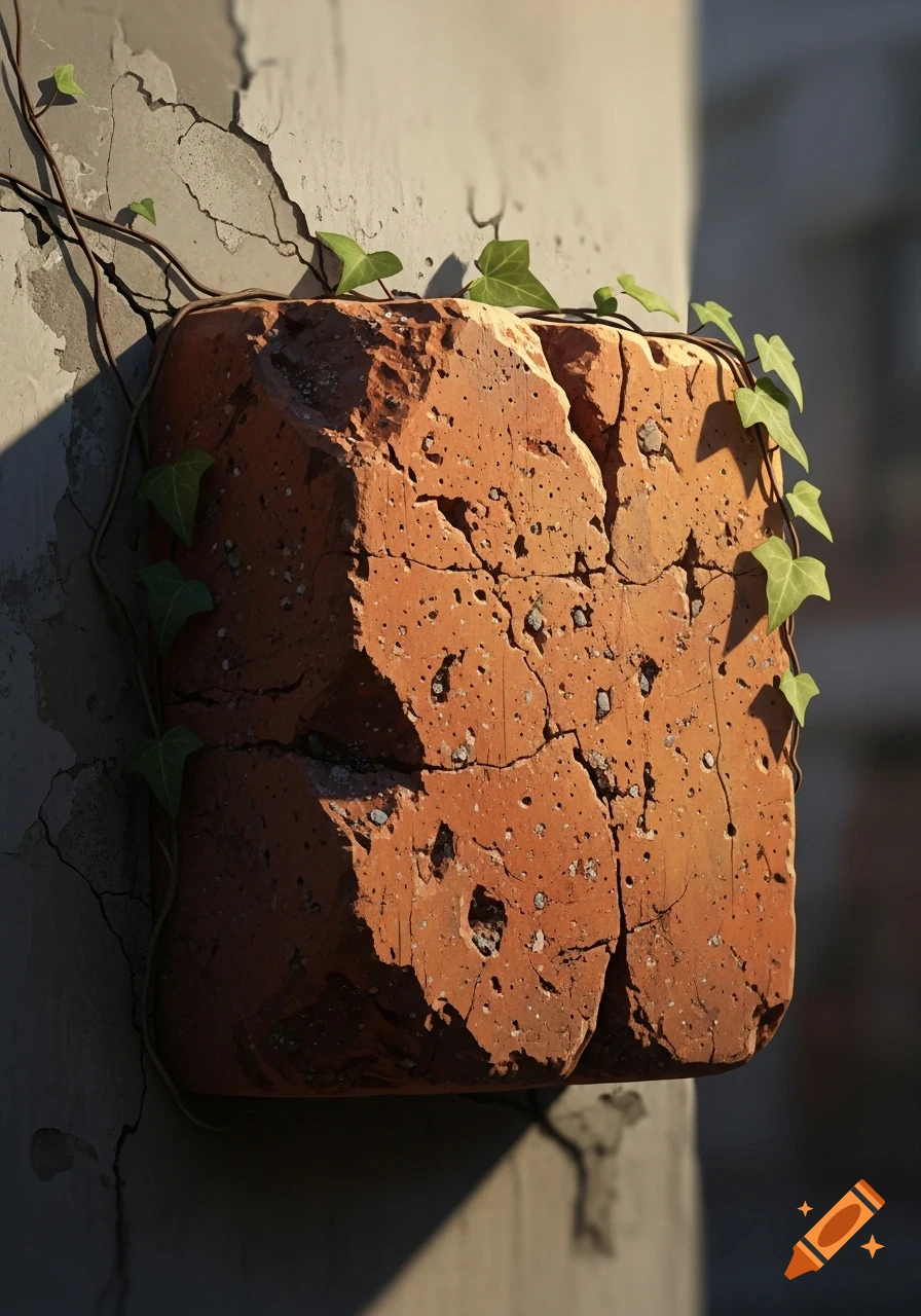 Close-up photorealistic image of a weathered brick on a cracked wall with ivy vines.